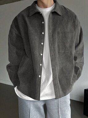 Dark Grey Casual Men's Single Breasted Drop Shoulder Loose Plain Shirt